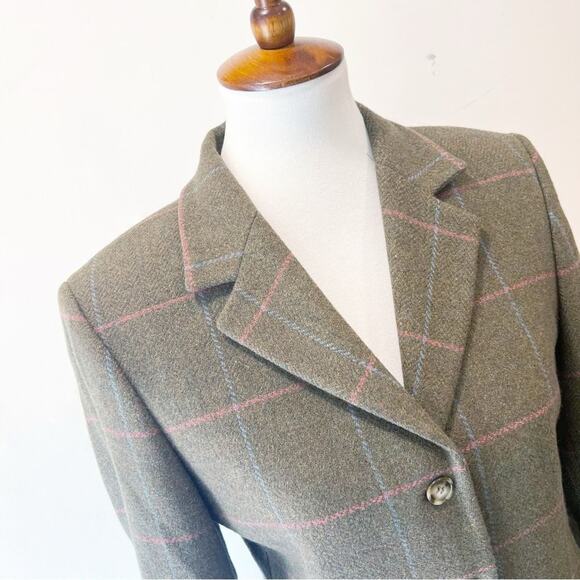 Marchbrae Cashmere Olive Green with Pink Blue Plaid Pinstripe Jacket Blazer Sz M - Picture 2 of 6